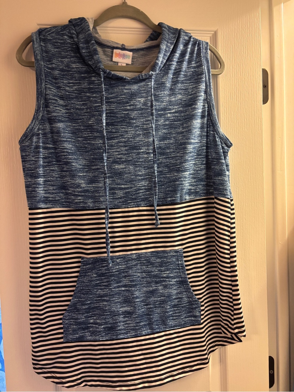 LuLaRoe Blue & White Striped Sleeveless Hoodie